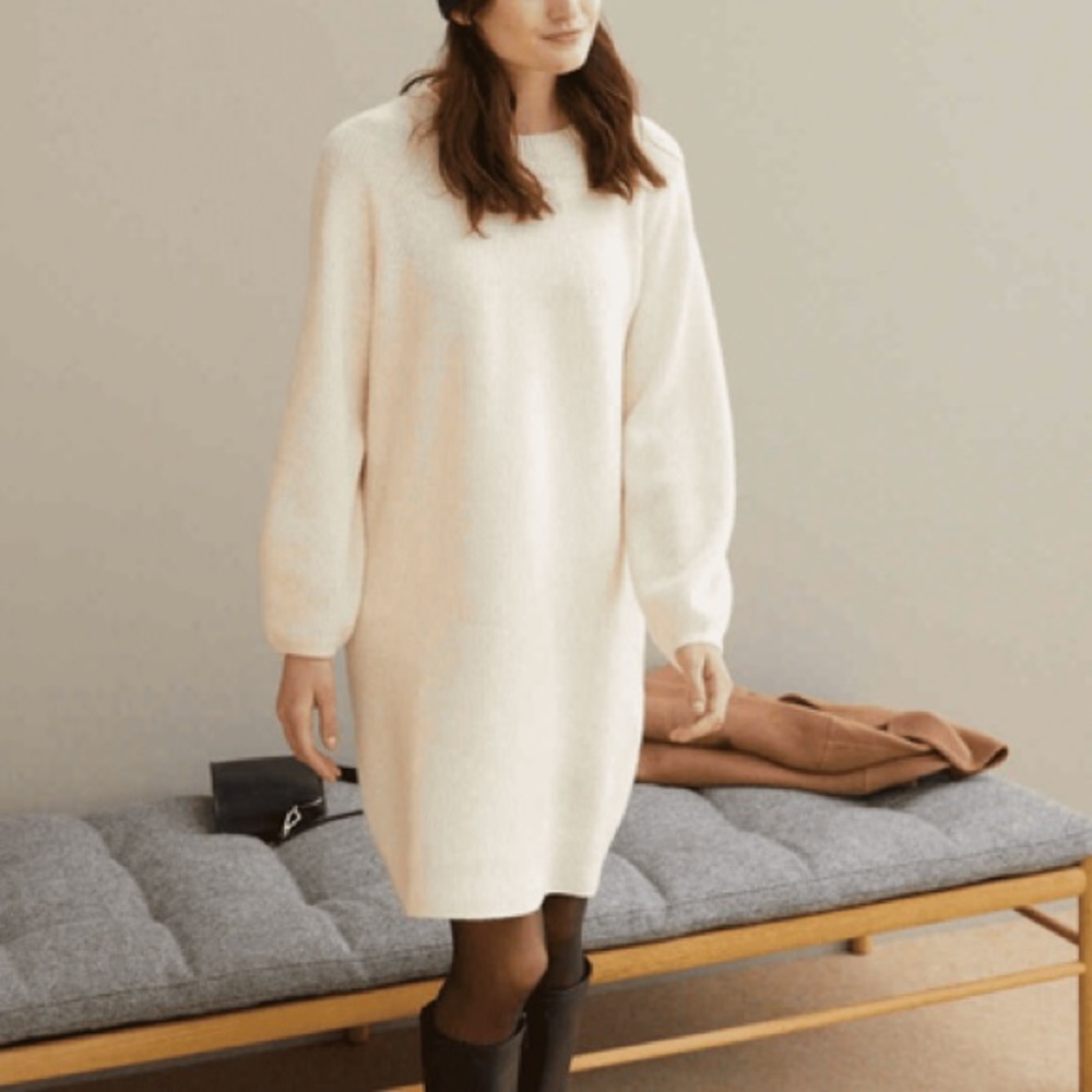 Uniqlo | Knit Seamless Wool Blend Balloon Sleeve Sweater Dress In Cream